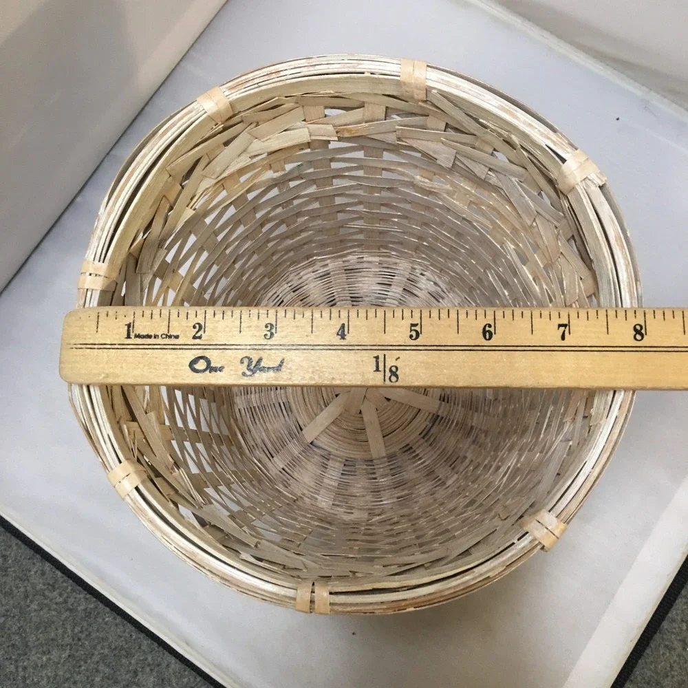 Woven Wicker Basket Small Tan Whitewashed Round Boho Decor Coastal Waste Bin